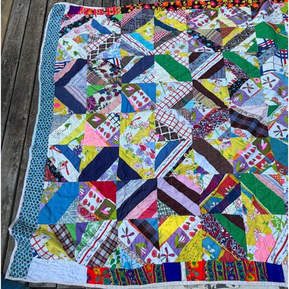Vintage Handmade Crazy Quilt Patchwork Multi Color Mixed Pattern Folk Art Throw